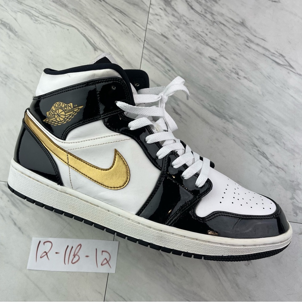 Nike Air Jordan 1 Mid Mens 12 | 852542-007 Black Patent Gold White